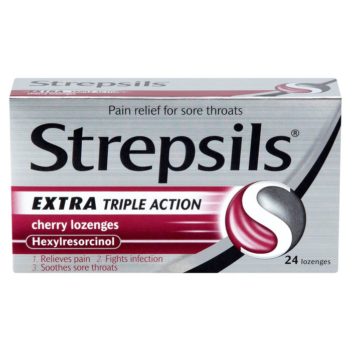 Strepsils Extra Dreifach Action Kirschkern für Halsschmerzen 24 pro Pack