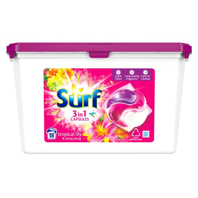 Surf 3 en 1 Tropical Lily &amp; Ylang-Ylang Cápsulas de lavado 18 por paquete 